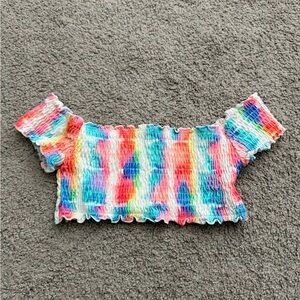 Vibrant Rainbow Off-Shoulder Swim Top